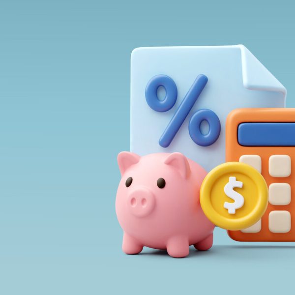 Ilustração com porquinho-cofre, calculadora e símbolo de porcentagem, representando passo a passo de como calcular porcentagem.