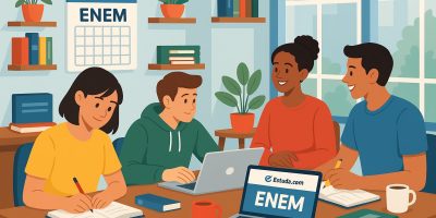 Ilustração mostrando um estudante em um ambiente de estudos moderno, com cadernos, computador e elementos gráficos que remetem ao Enem.