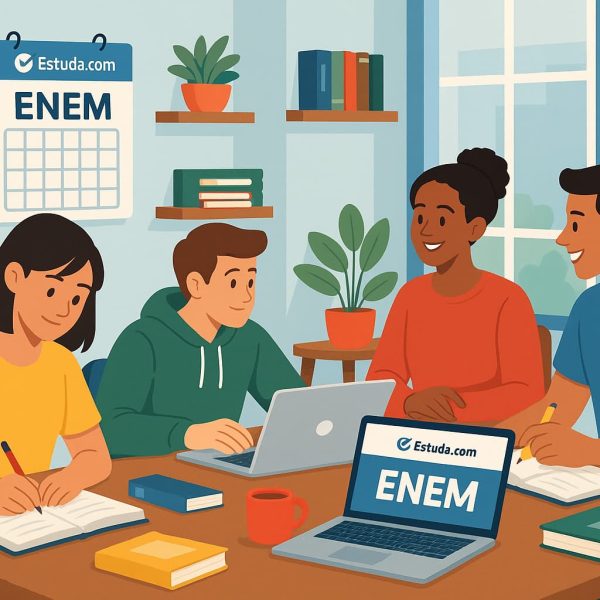Ilustração mostrando um estudante em um ambiente de estudos moderno, com cadernos, computador e elementos gráficos que remetem ao Enem.