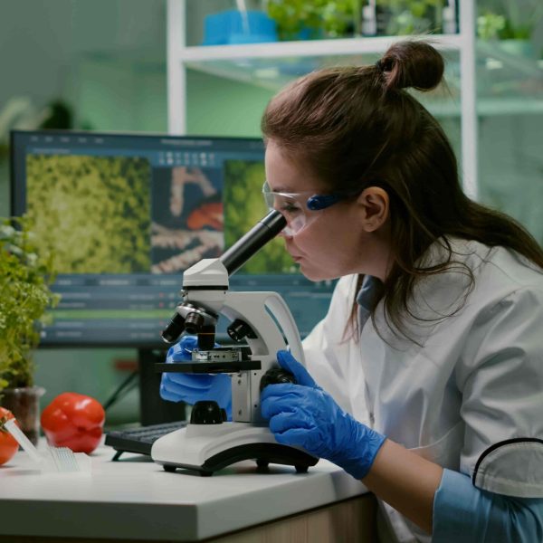 Estudante de Ciências Biológicas analisando amostras vegetais em laboratório, utilizando microscópio e equipamentos de pesquisa, com tomates e plantas ao fundo.