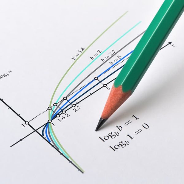 Gráfico de funções logarítmicas com diferentes bases e anotações matemáticas.