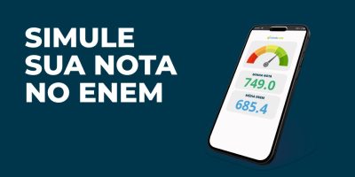 Escrita "Simule sua nota" com um celular ao lado mostrando a ferramenta da Estuda.com para os estudantes descobrirem a nota do Enem do exame.