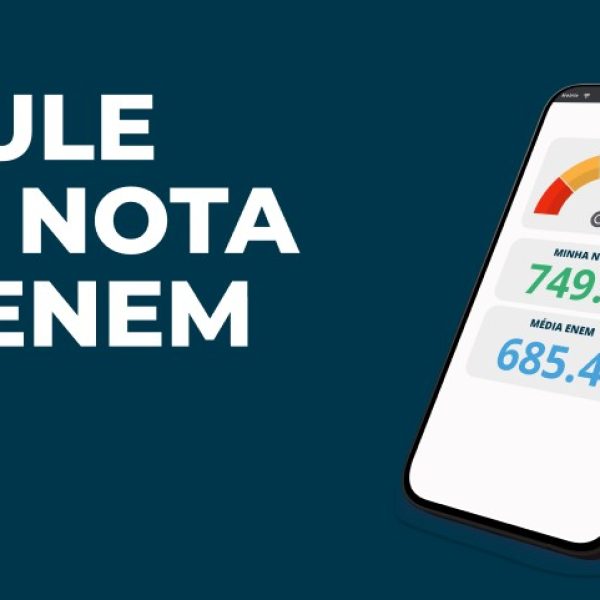 Escrita "Simule sua nota" com um celular ao lado mostrando a ferramenta da Estuda.com para os estudantes descobrirem a nota do Enem do exame.