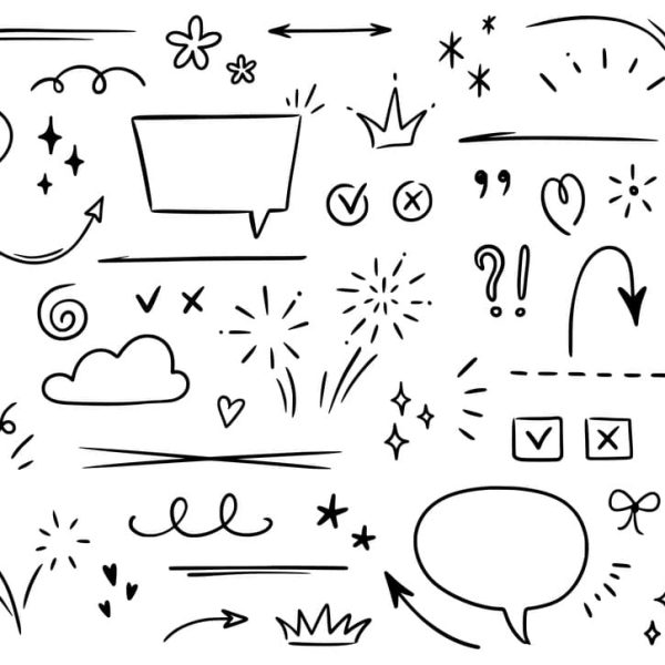 Ilustração com doodles e símbolos gráficos em preto e branco, usada para representar recursos de linguagem como a aliteração em figuras de linguagem.