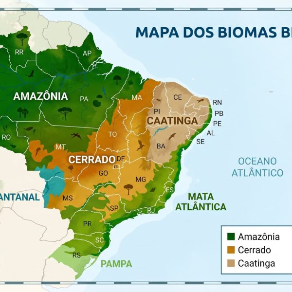 Mapa ilustrado do Brasil que destaca a localização e a extensão dos seis biomas brasileiros (Amazônia, Cerrado, Caatinga, Mata Atlântica, Pantanal e Pampa) através de áreas coloridas. A imagem inclui o título 'Mapa dos Biomas Brasileiros', as siglas dos estados e uma legenda explicativa.
