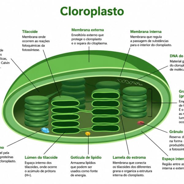 Diagrama ilustrado dos cloroplastos com identificação de suas principais estruturas, como tilacoides, estroma, grana, membranas interna e externa, DNA do cloroplasto, ribossomos e lúmen, explicando a organização e o funcionamento da organela responsável pela fotossíntese nas células vegetais.