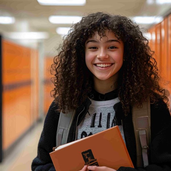 Estudante sorrindo no corredor da escola com livros, representando dicas de como passar no vestibular.