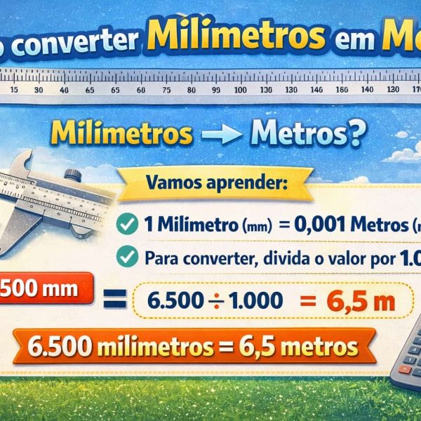 Infográfico horizontal explicando Como converter Milímetros em Metros, com exemplo prático de 6.500 mm ÷ 1.000 = 6,5 m, mostrando régua, paquímetro e cálculo passo a passo para conversão de medidas.