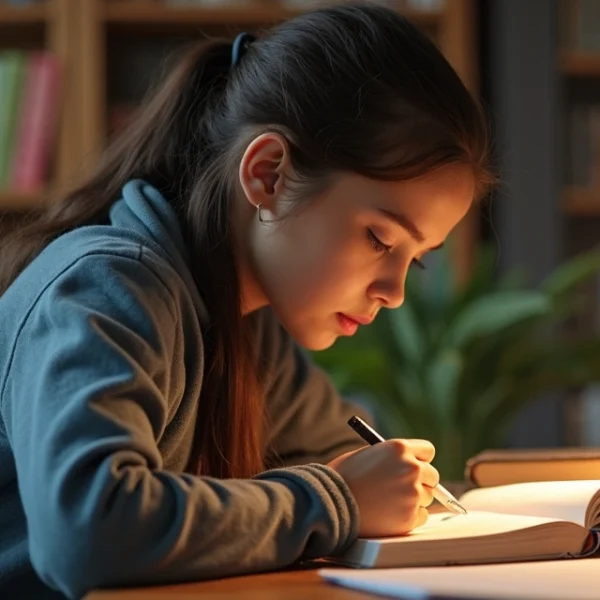 Estudante olhando ansioso para celular aguardando resultado do Enem em ambiente de estudo com livros e material escolar