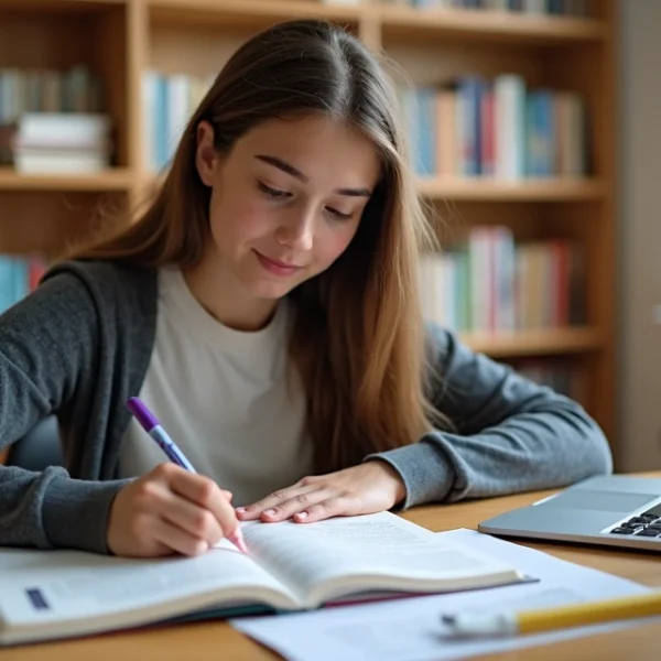Estudante jovem sentado em mesa de estudos com livros de filosofia e sociologia, caderno aberto, laptop, ambiente claro e organizado