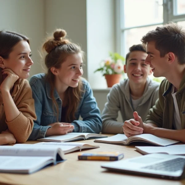 Estudantes reunidos em mesa refletindo sobre opções de carreiras com livros e laptop