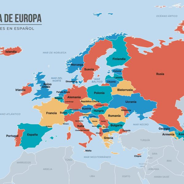 Mapa da Europa com países europeus identificados e destacados por diferentes cores.
