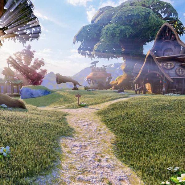 Cenário colorido e fantasioso com casas rústicas, árvores gigantes e flores, ilustrando um ambiente típico de histórias imaginárias para explicar “o que é fábula”.