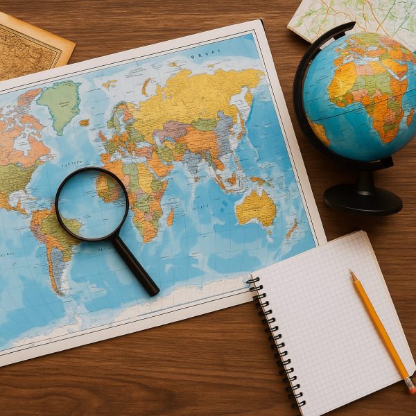 Ilustração com elementos geográficos como mapas, globo terrestre, bússola e gráficos, representando o estudo da Geografia para o Enem.