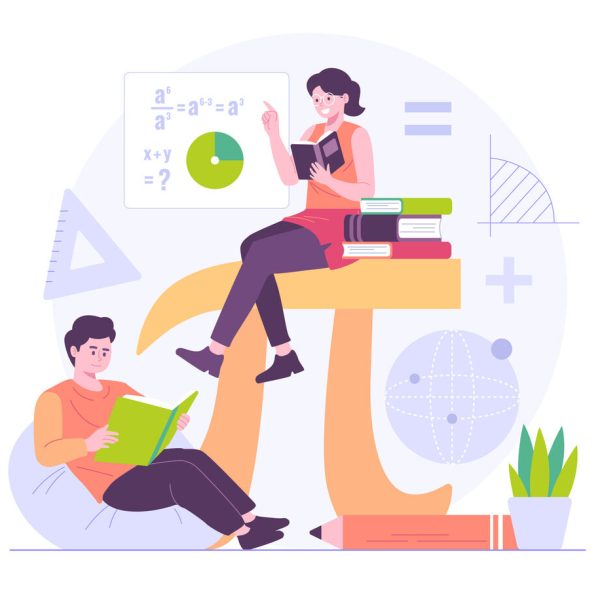 Ilustração de estudantes estudando Matemática ao redor do símbolo de Pi, representando cálculos e conceitos como MDC (Máximo Divisor Comum) com livros, fórmulas e gráficos ao fundo.