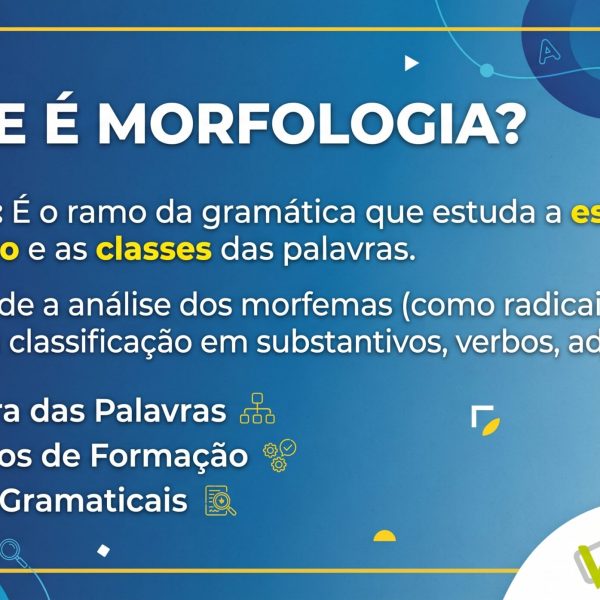 "Card educativo da Estuda.com explicando o que é morfologia. O texto define o termo como o ramo da gramática que estuda a estrutura, a formação e as classes das palavras, listando seus três principais tópicos de análise