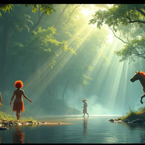 Ilustração detalhada dos principais personagens do folclore brasileiro como Saci, Curupira, Iara e Mula sem cabeça em cenário natural da floresta