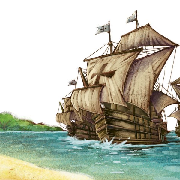 Ilustração de caravelas portuguesas chegando ao litoral, representando o contexto histórico de quem descobriu o Brasil.