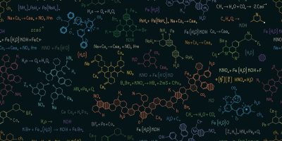 Imagem com várias fórmulas químicas e elementos representando os assuntos de química que mais caem no Enem.