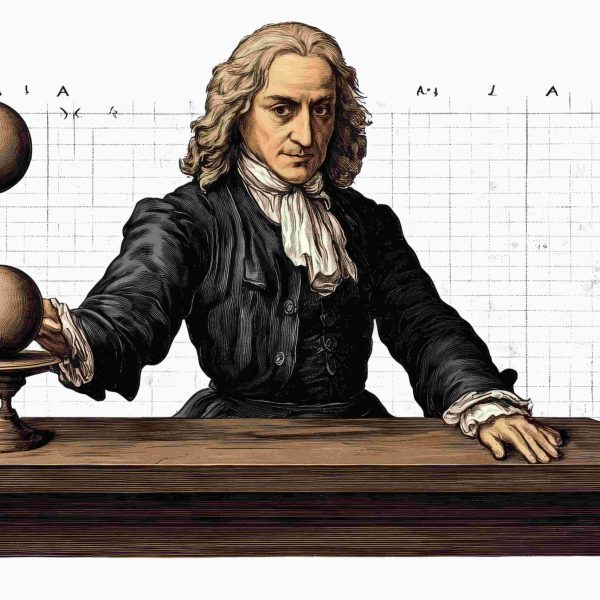 Ilustração da Segunda Lei de Newton com Isaac Newton realizando um experimento com esferas e representação de conceitos de força e movimento.