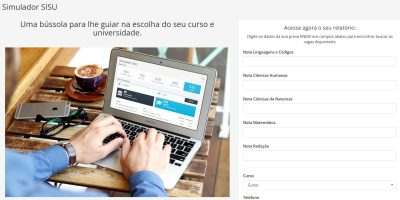 Tela do Simulador SiSu da plataforma Estuda.com sendo utilizado em um notebook, com interface mostrando notas e opções de cursos.