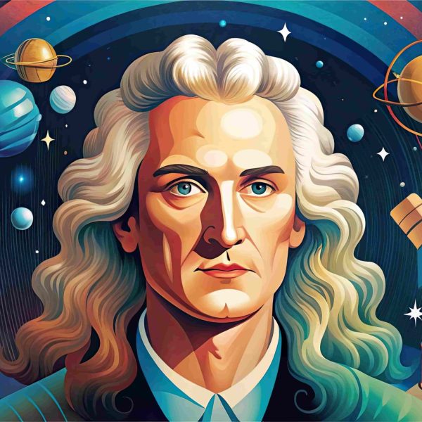 Ilustração da Terceira Lei de Newton com Isaac Newton e elementos relacionados à física, forças e movimento.